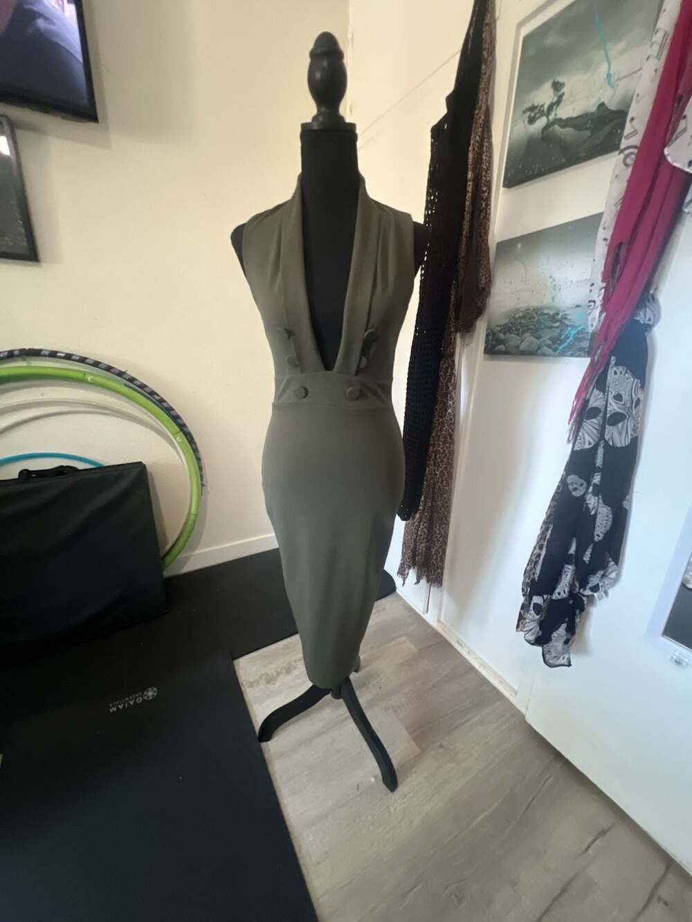 Nookie Lopez Plunging Halter Midi Dress in Olive Green